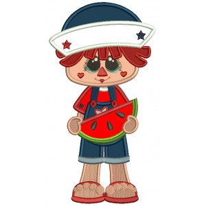 Cute Little Boy Holding a Watermelon Applique Machine Embroidery Design Digitized Pattern